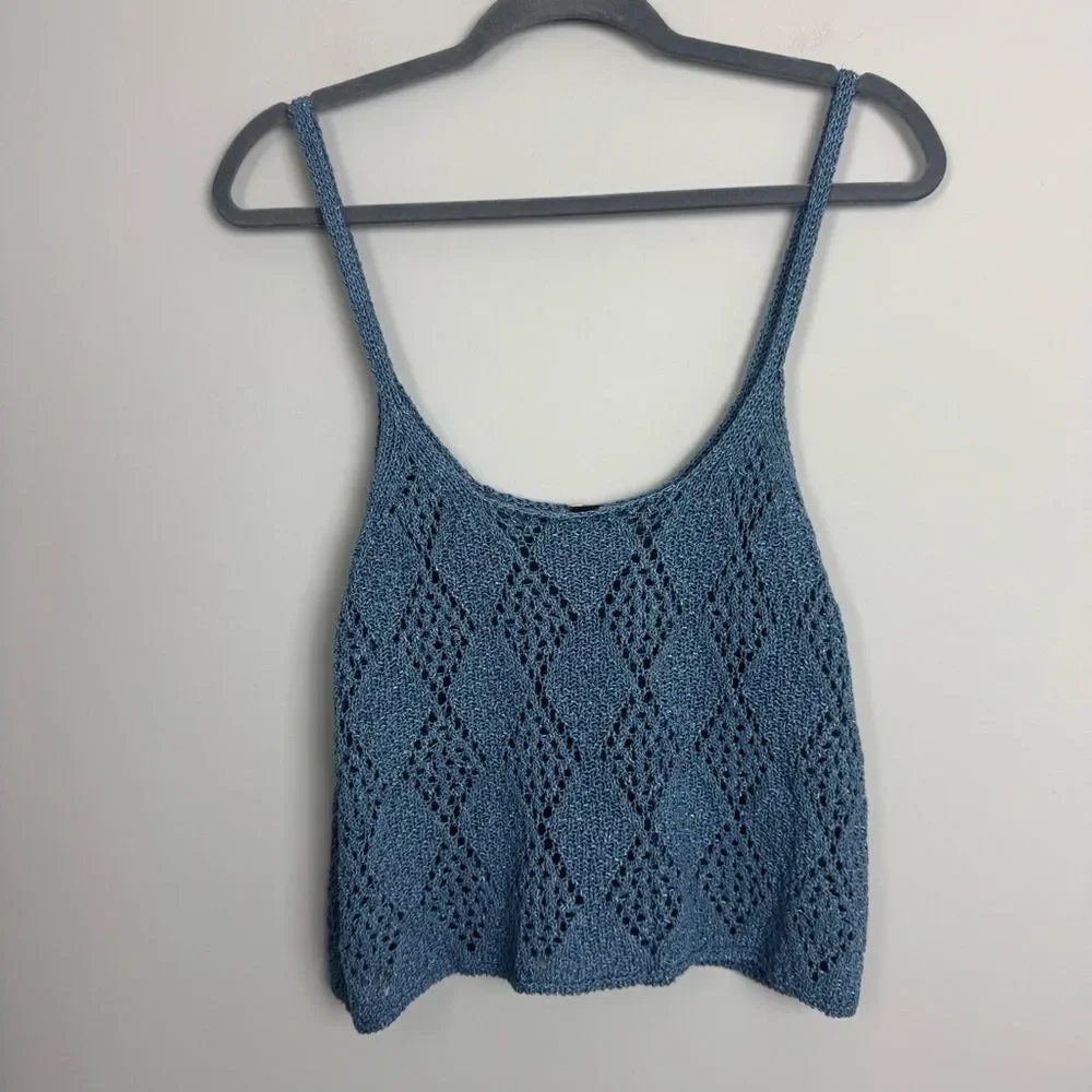 FREE PEOPLE | NEW Glisten Blue Shadow Open Knit Tank Top Women’s Size X-Large